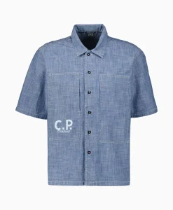 Cp Company T-Shirt Chambray Short Sleeved Logo Blauw*Heren T-Shirts