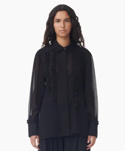 Ganni Blouse Chiffon Ruffle Zwart*Dames Blouses
