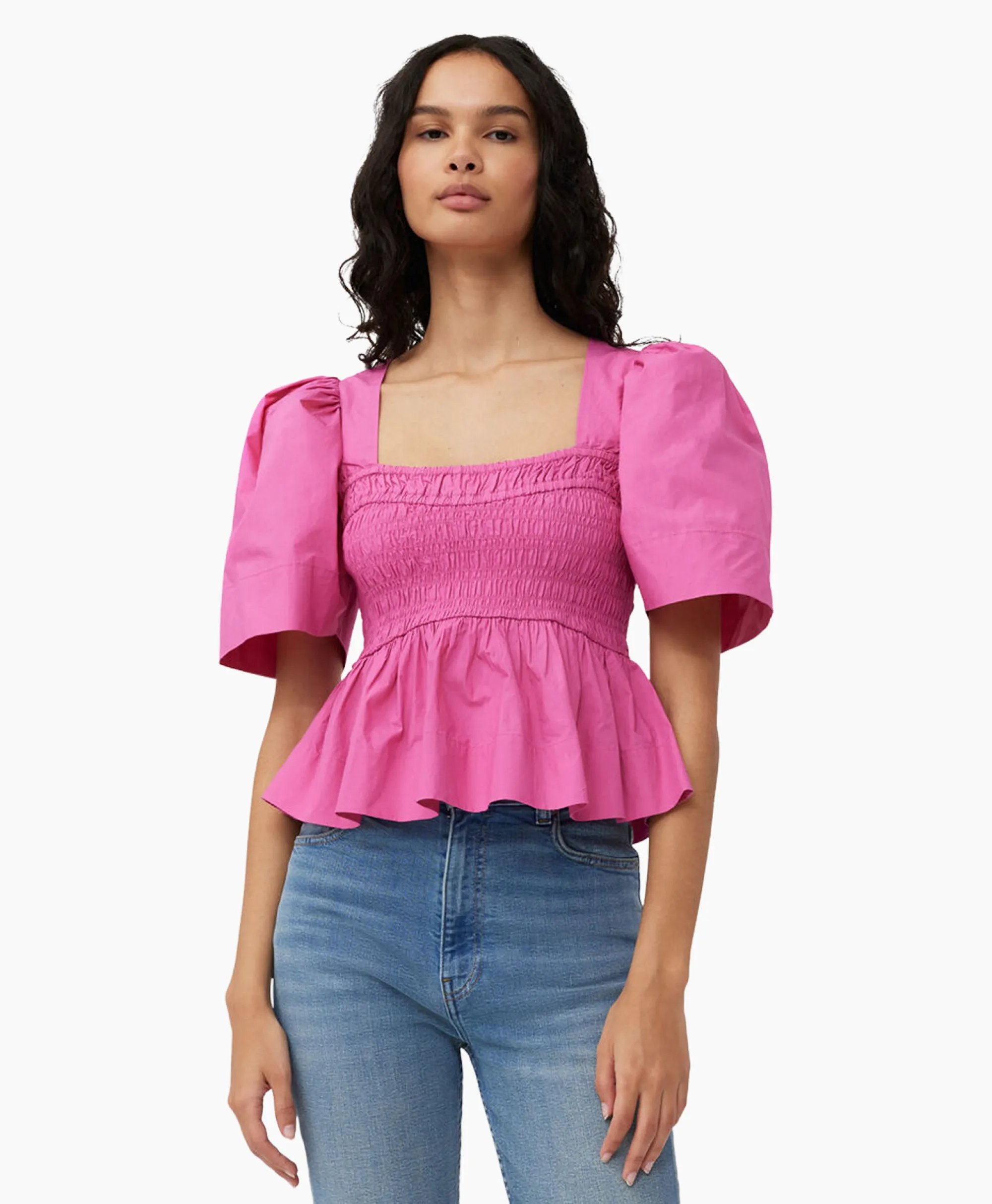 Ganni Blouse Cotton Poplin Open-Neck Smock Pink*Dames Blouses