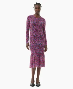 Ganni Midi Jurk Printed Mesh Long Sleeve Gathered Roze*Dames Jurken