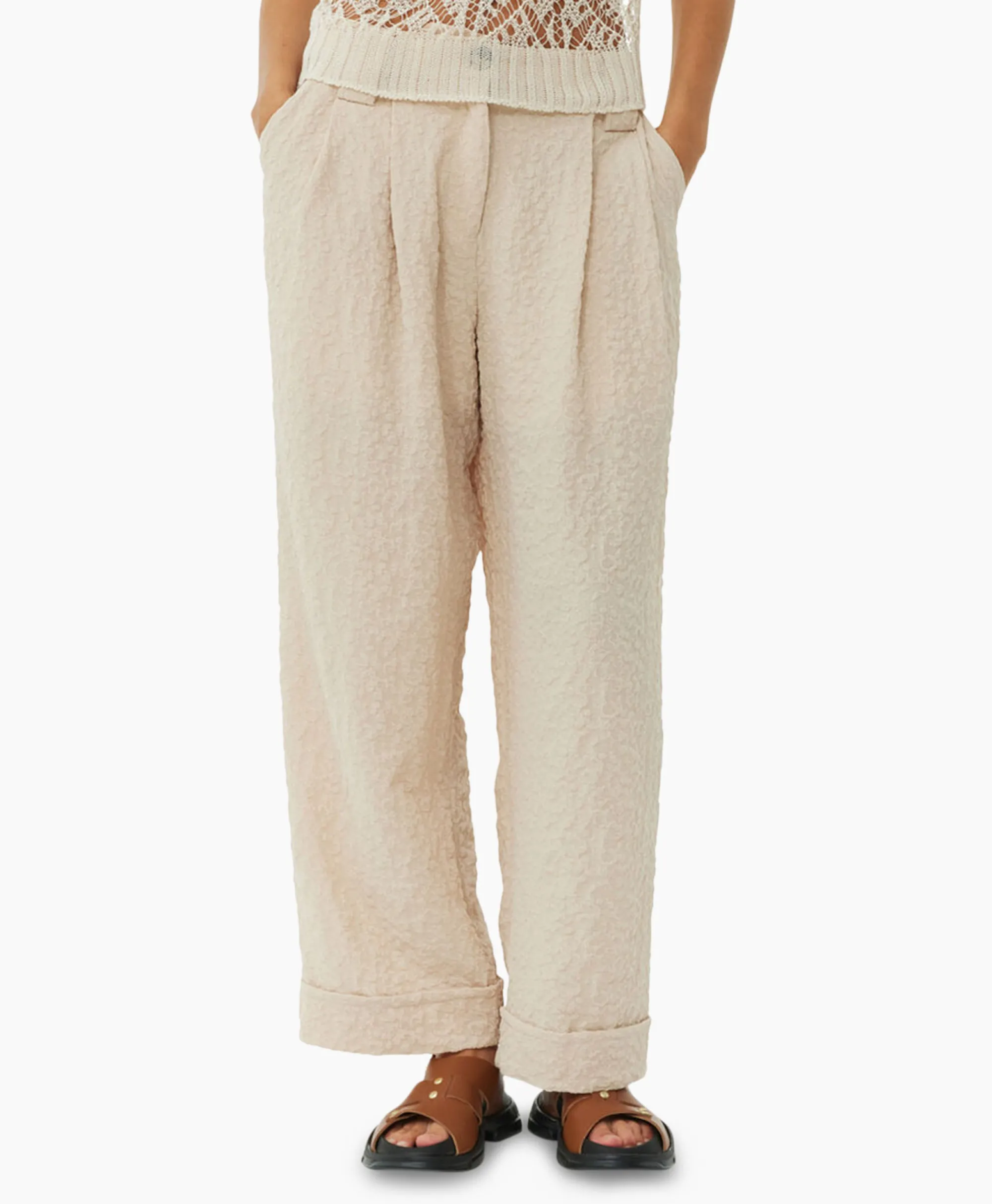 Ganni Pantalon Textured Suiting Mid Waist Beige*Dames Broeken