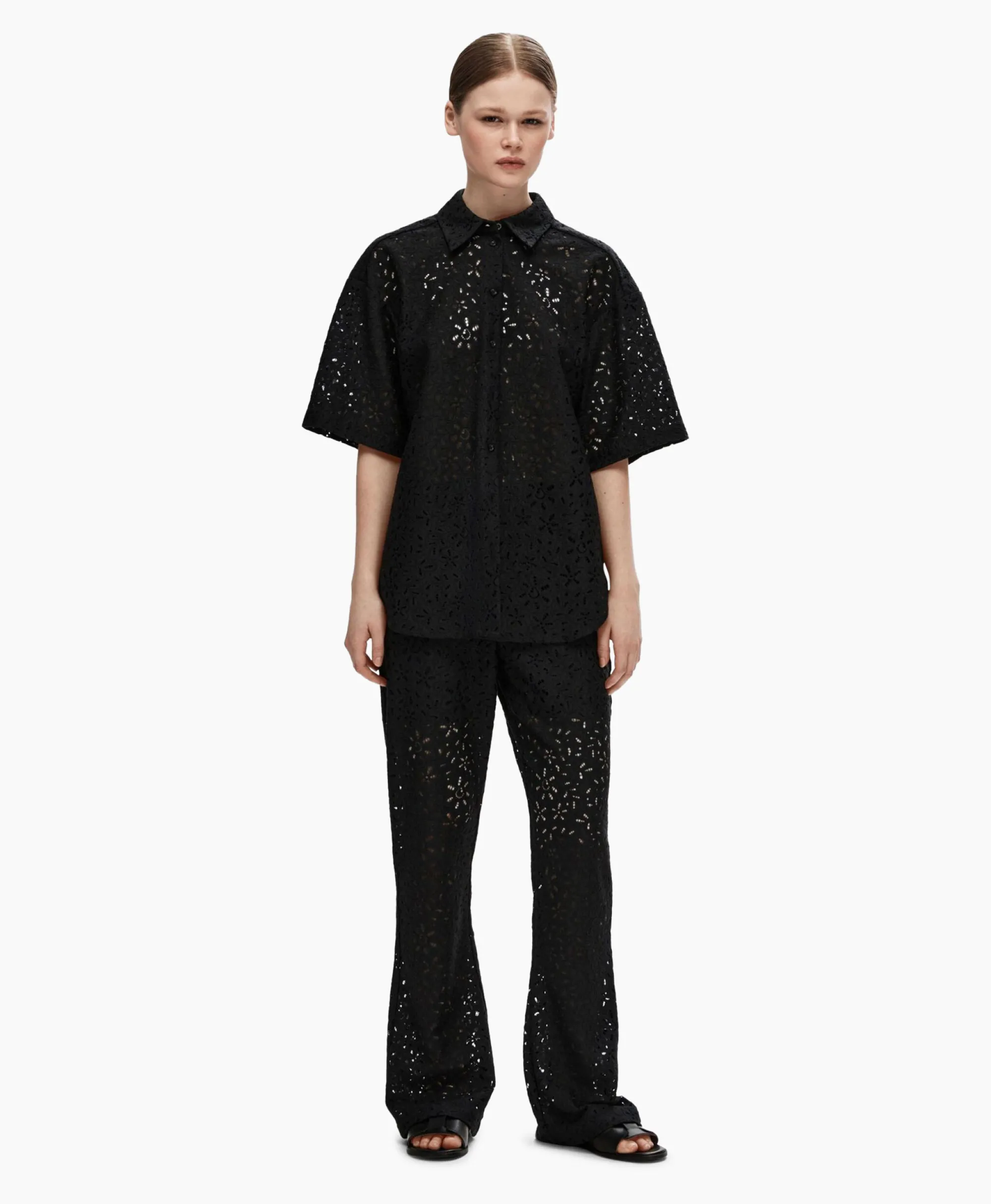 Selected Femme T-Shirt Karola 2/4 Oversize Lace Shirt B Zwart*Dames T-Shirts & Tops